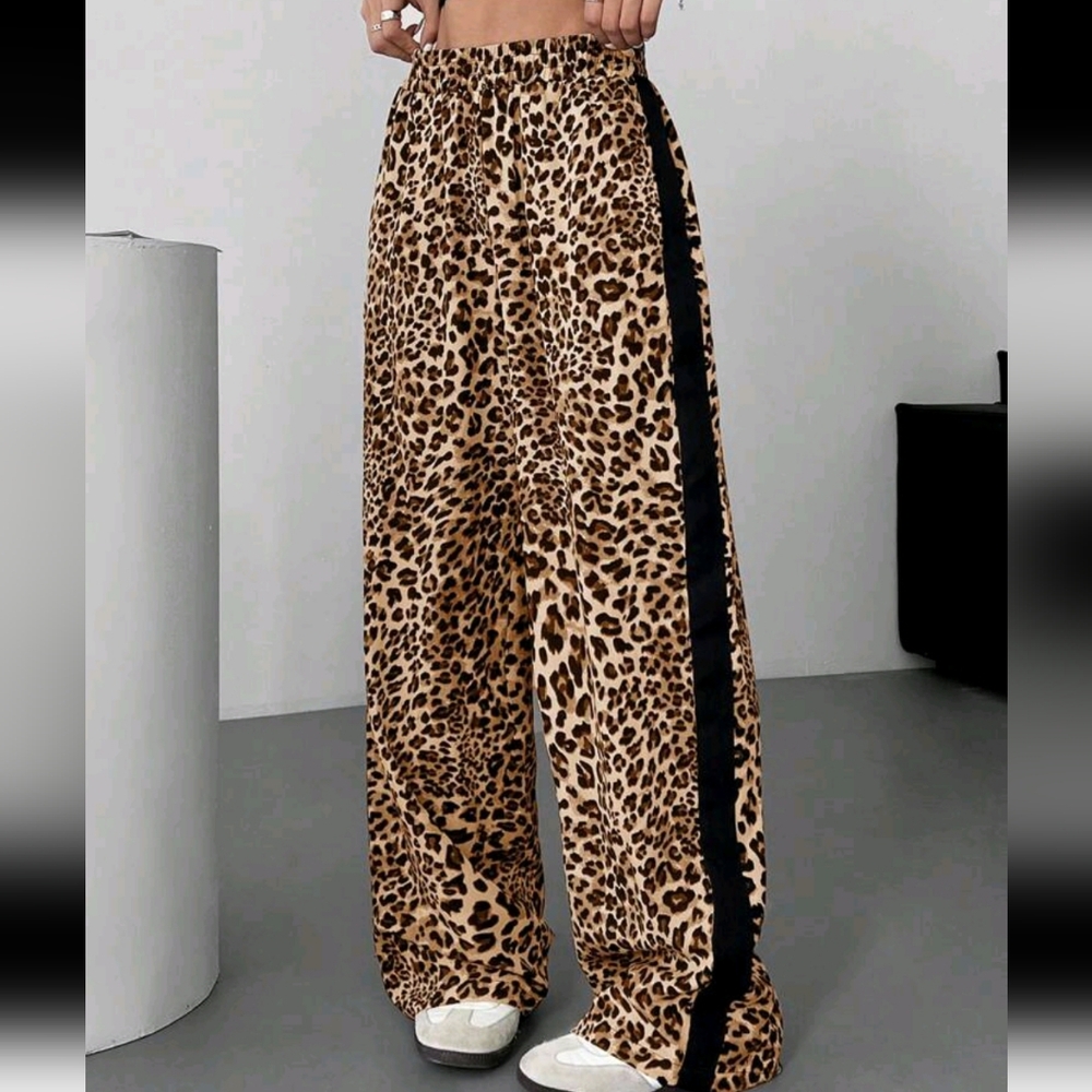 Women Woven Leopard Print Patchwork Ribbon Casual Pants - Picture 5 of 5